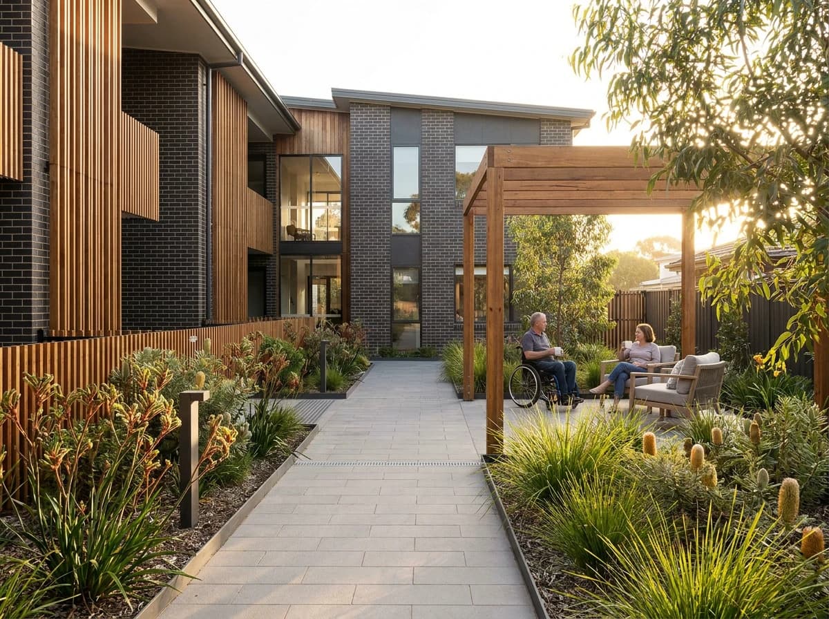 A Made co-living home with residents in the shared landscaped courtyard