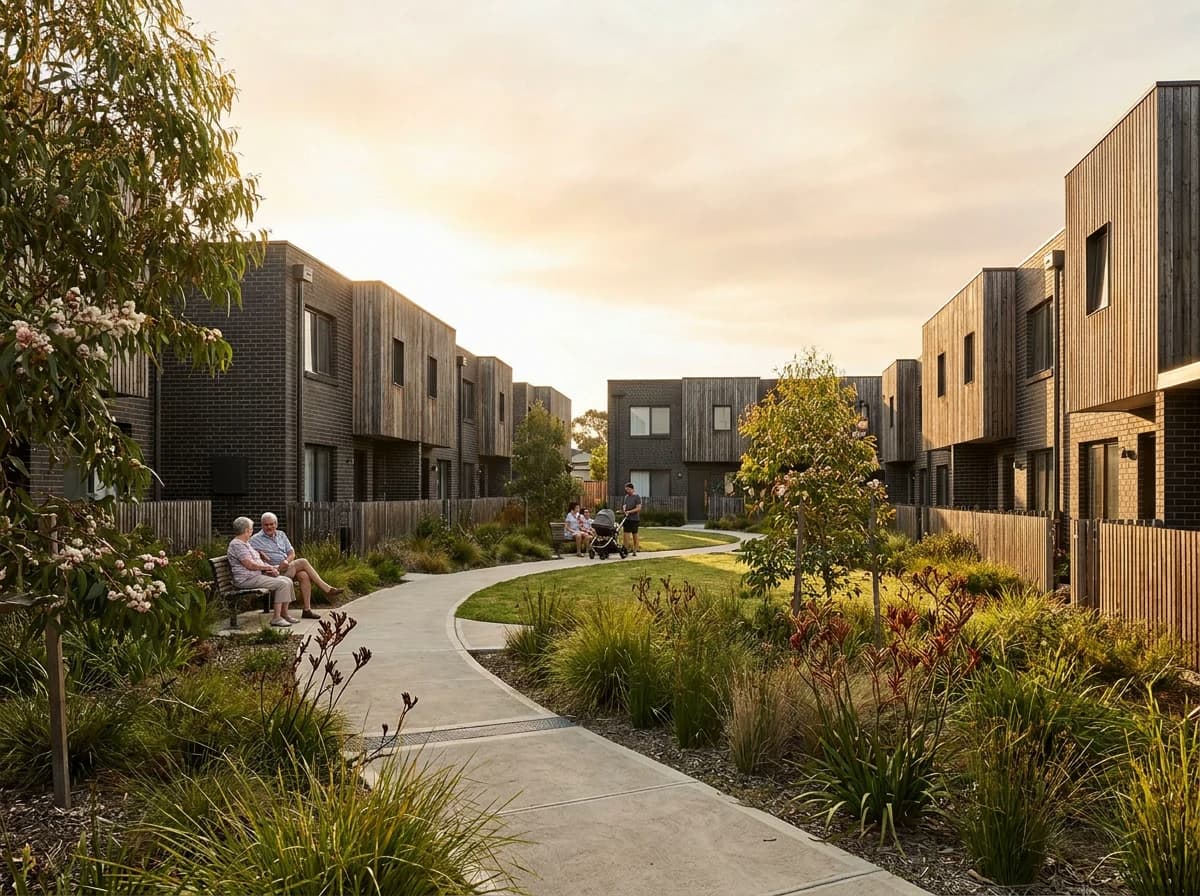 A Made social housing community around a landscaped shared green