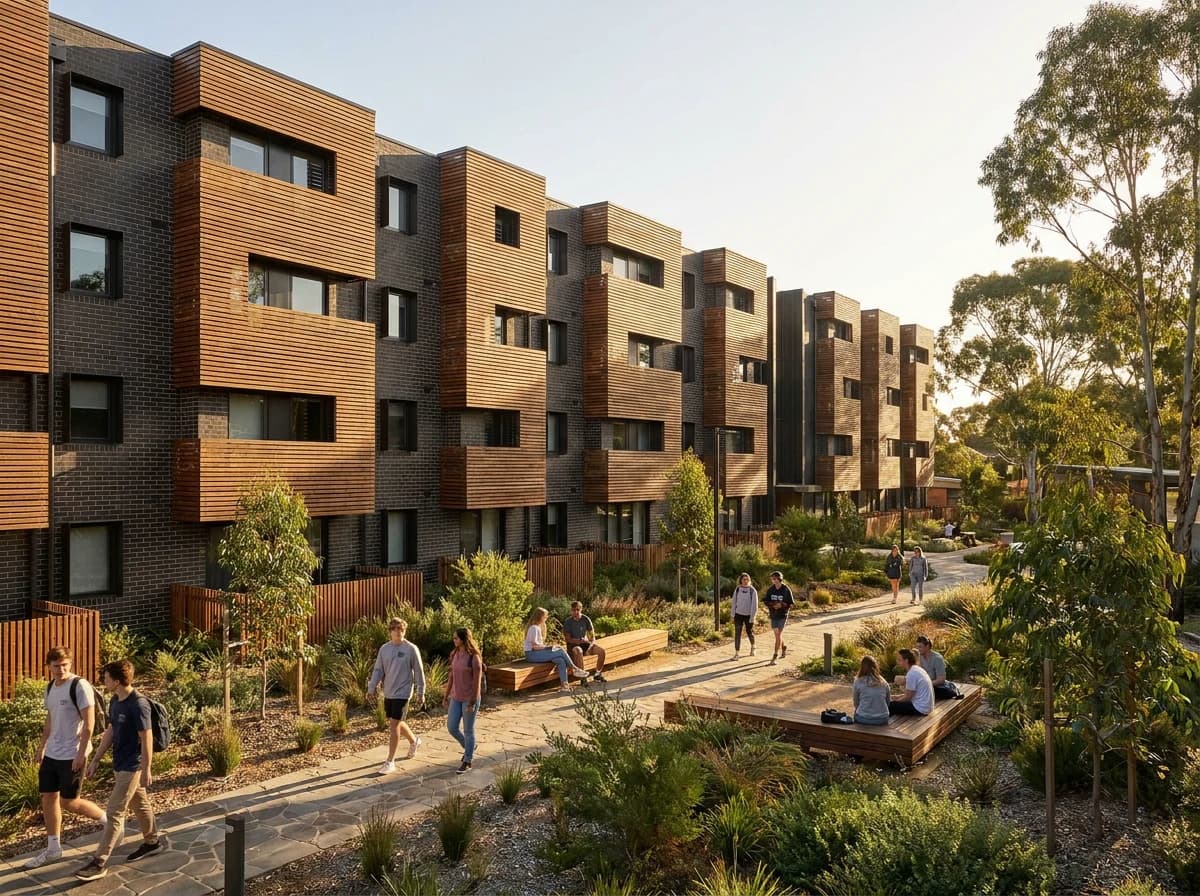 Made purpose-built student accommodation around a shared landscaped path