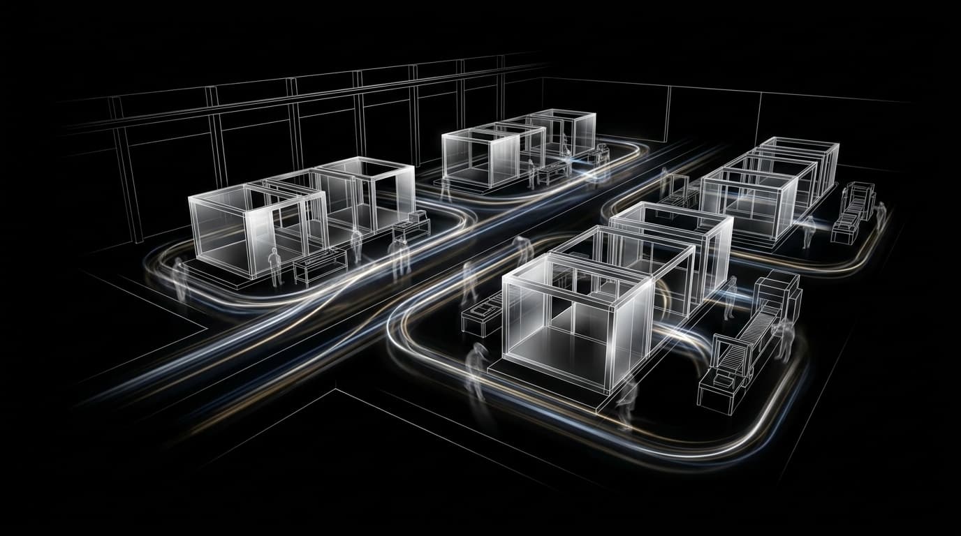 Wireframe modules on factory production lines with light trails, Kaizen, always improving